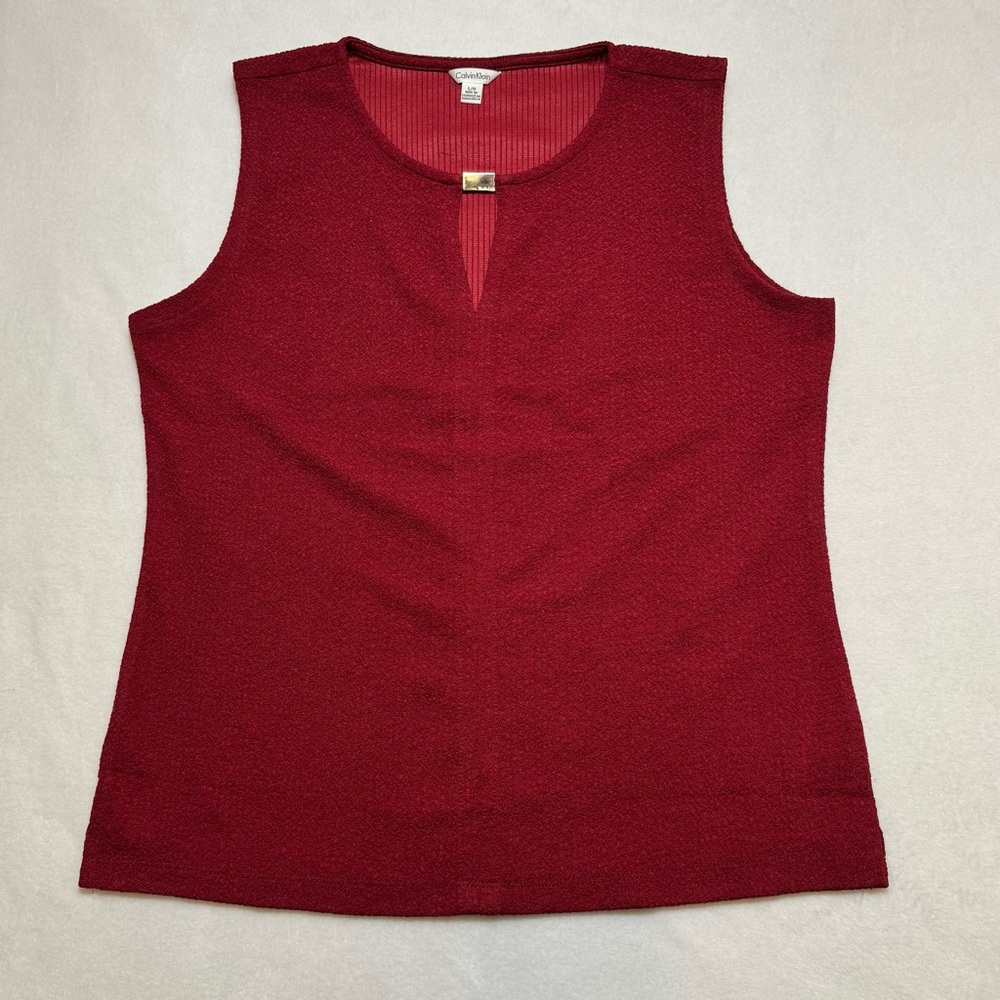 Calvin Klein Deep Red Burgundy V-neck Pullover Blouse Sleeveless Top Women Sz L